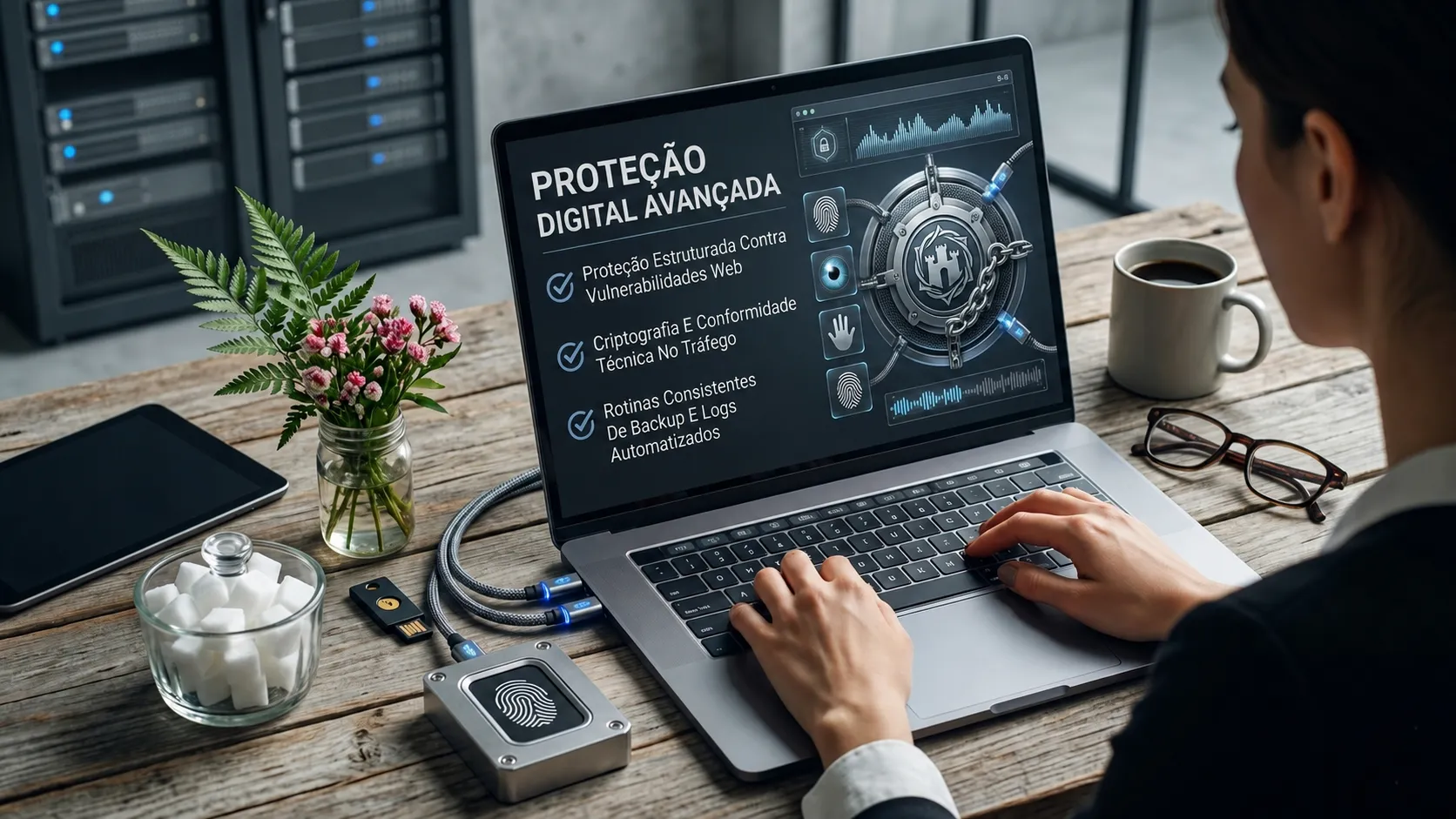 Servidores seguros criptografados representando a proteção de dados da BaseCore